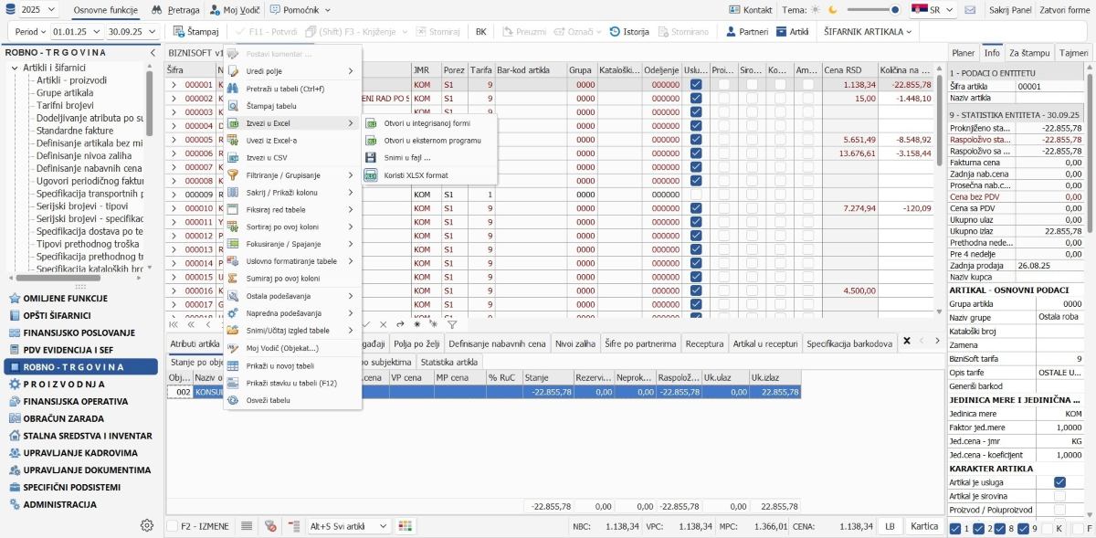 Biznisoft export u Excel